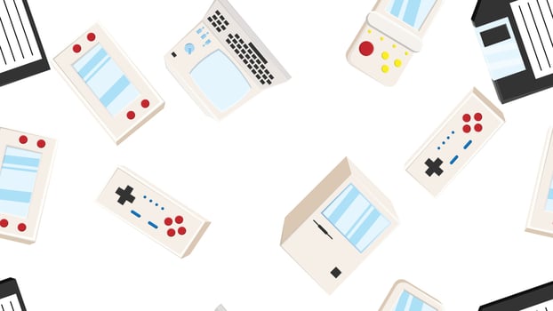 Seamless pattern endless with electronics and technology computer game consoles old retro vintage hipster from 70s, 80s, 90s isolated on white background. Vector illustration