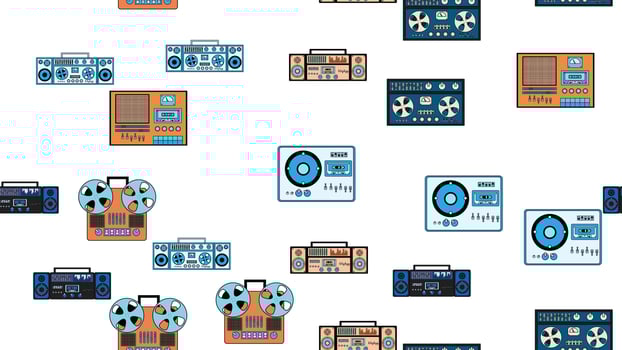Seamless pattern endless with music audio cassette old retro tape recorders vintage hipster from 70s, 80s, 90s isolated on white background. Vector illustration