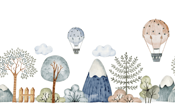 Seamless border with nature and hot air balloon, cartoon style watercolor illustration. png