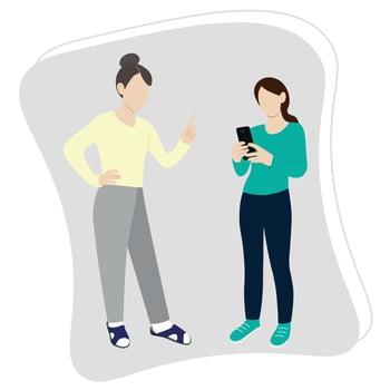 Mom scolds her daughter, who is standing next to the phone in her hands, parenting teenagers, flat vector, isolate on white vector