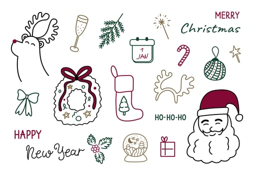 Christmas elements color doodle set. Reindeer, Santa Claus, glass ball, champagne, decorations and other elements new year collection isolated on white background. Cute hand drawn vector illustration.