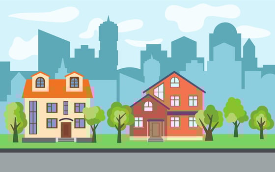 Vector city with two-story and three-story cartoon houses and green trees in the sunny day. Summer urban landscape. Street view with cityscape on a background