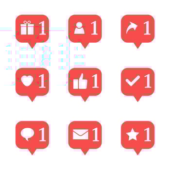Set of nine notifications in social media. Heart, star, follower, message, check, gift, comment, like, repost. Vector illustration.