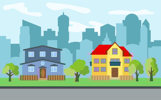 Vector city with two two-story cartoon houses and green trees in the sunny day. Summer urban landscape. Street view with cityscape on a background