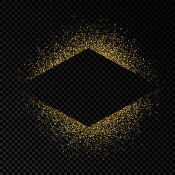 Rhombus frame with golden glitter on dark transparent background. Empty background. Vector illustration.