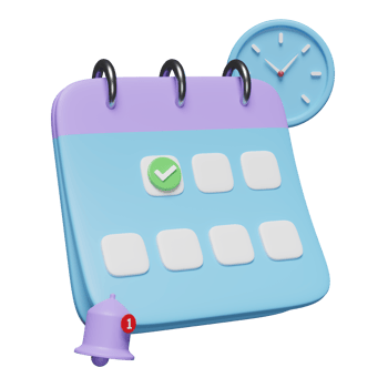 3d calendar with clock, checkmark icons, marked date, notification bell isolated. schedule appointment concept, 3d render illustration png