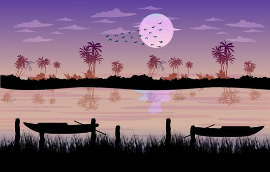 Village landscape water moonlight background free, Night landscape background,  Tree at the lake, Beautiful dark suburban scenery vector