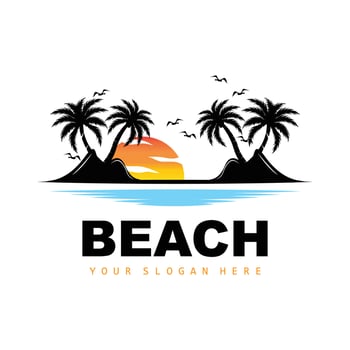 Coconut Tree Logo With Beach Atmosphere, Beach Plant Vector, Sunset View Design vector