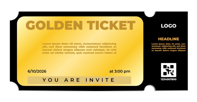 golden ticket coupon invite isolated party, event, cinema, theater, festival. black and gold ticket realistic template vector illustration