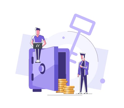 coins in secure deposit box. Business people investing money on bank account. Cash protection, savings in moneybox. Financial saving insurance concept vector