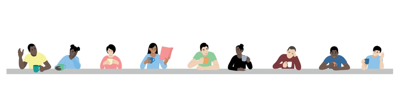 Guys and girls with cups in their hands are sitting at a very long table, flat vector, isolated on white, cafe concept, tea party, people of different nationalities, people with different skin colors vector