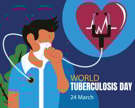 illustration vector graphic of a man wearing a mask is coughing, showing a stethoscope, perfect for international day, world tuberculosis day, celebrate, greeting card, etc.