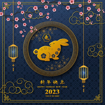 Happy Chinese new year 2023,year of the rabbit with asian element and cherry blossom on blue background vector
