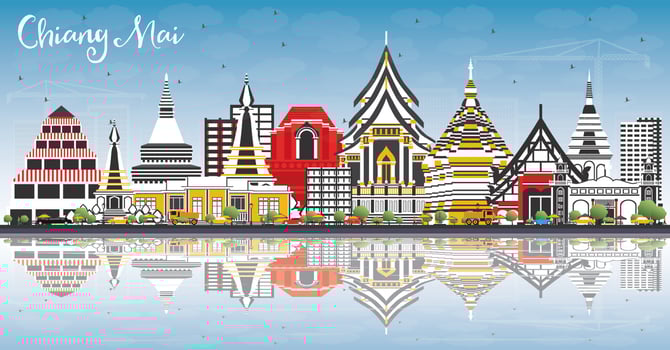 Chiang Mai Thailand City Skyline with Color Buildings, Blue Sky and Reflections. vector