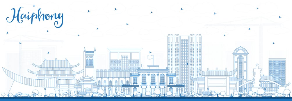 Outline Haiphong Vietnam City Skyline with Blue Buildings. vector