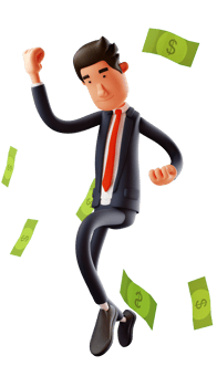 3D illustration. 3D successful businessman Cartoon Character. Happy rich businessman surrounded by dollar bills. 3D Cartoon Character png