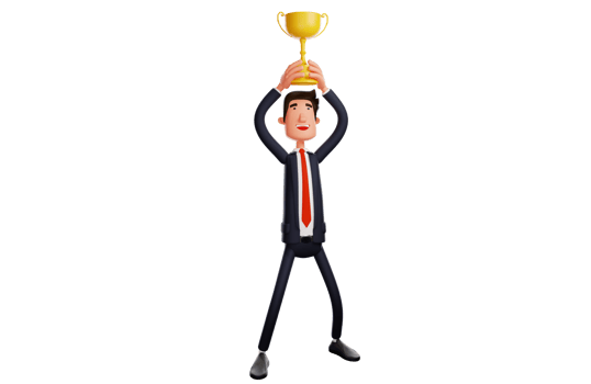 3D illustration. 3D successful businessman Cartoon Character. Happy rich businessman raising trophy. 3D Cartoon Character png