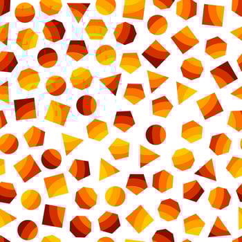Seamless geometric pattern with orange squares, triangles, circles, pentagons, hexagons and heptagons for tissue and postcards vector