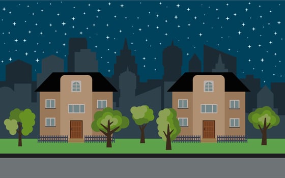 Vector city with two two-story cartoon houses and green trees at night. Summer urban landscape. Street view with cityscape on a background
