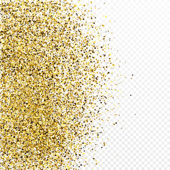 Gold glitter confetti backdrop isolated on white transparent background. Celebratory texture with shining light effect. Vector illustration.
