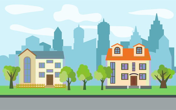 Vector city with two two-story cartoon houses and green trees in the sunny day. Summer urban landscape. Street view with cityscape on a background