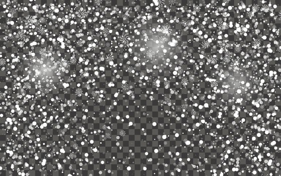 Snowfall and falling snowflakes on dark transparent background. White snowflakes and Christmas snow. Vector illustration