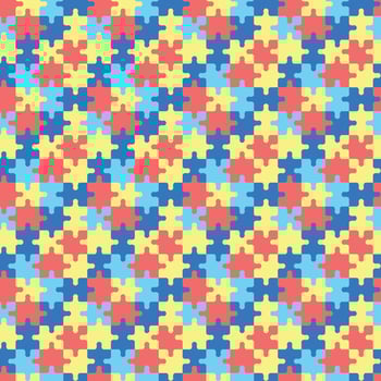 Colorful autism pattern with puzzles pieces. Seamless background with yellow, blue and red puzzles. World Autism Awareness Day April 2. Vector illustration