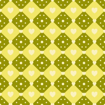 Yellow heart with dot on green geometric square background vector seamless pattern, element for decorate valentine card, flannel tartan plain fabric textile printing, wallpaper and paper wrapping