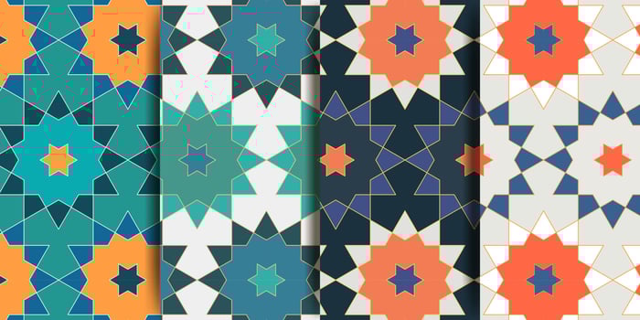 Arabic seamless pattern in multicolored palette. Arabic ornament. Oriental decor. Arabic Muslim ethnic style. Ramadan wallpaper design. Moroccan style. Vector illustration.
