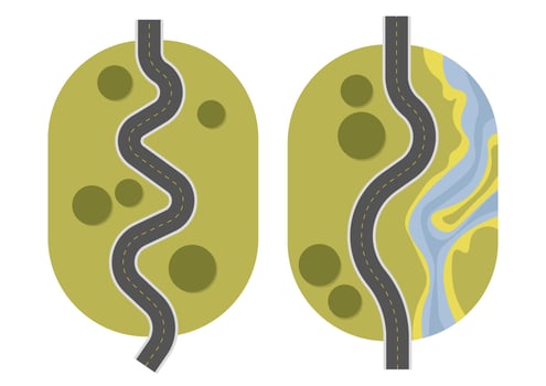 Road top view of green grass, trees and river vector