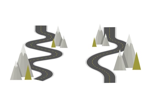 Road in perspective with gray mountains on the sides on a transparent background vector