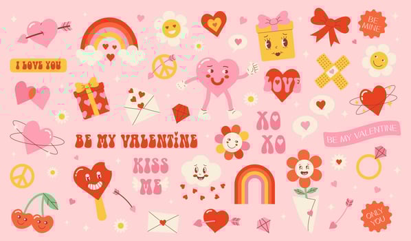 Groovy hippie love stickers. Retro happy Valentines day. Comic happy character in trendy retro 60s 70s cartoon style. Vector set retro elements.
