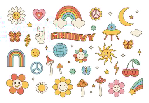 Groovy hippie 70s set. Funny cartoon flower, rainbow, peace, Love, heart, daisy, mushroom etc. Sticker pack in trendy retro psychedelic cartoon style. vector