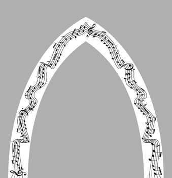 Musical arch with the use of a staff of music and notes for the design of an exit wedding ceremony, entrance, portal. Vector illustration.