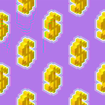 Gold dollar sign in isometric, seamless pattern on a purple background. Vector illustration for print or web. Zine pop art style