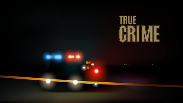 Night background of a crime investigation movie intro with flashing police cars at the crime scene. Vector illustration.