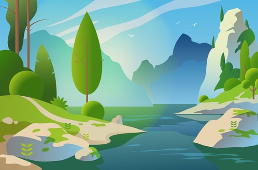 Sunny landscape. Forest and mountains near the lake. Vector illustration