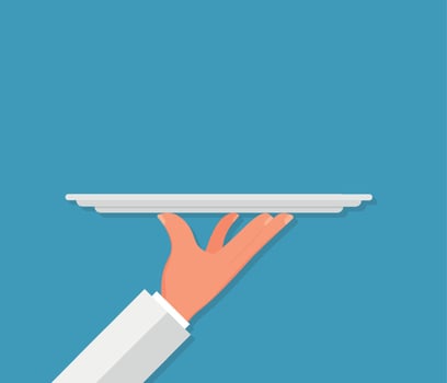 Waiter hand holding tray. Restaurant service. Vector illustration isolated on blue background
