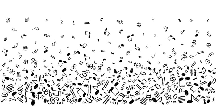 Musical notes vector seamless background. Horizontal template with one color black hand-drawn musical elements border pattern.