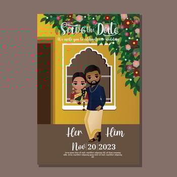 Cute hindu couple in traditional indian dress cartoon character.Romantic wedding invitation card vector