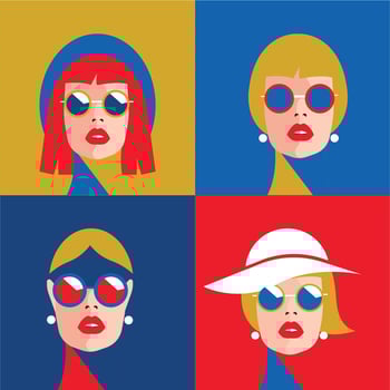 Set of Fashion portraits of a model girls with sunglasses. T-shirt print. Vintage style vector