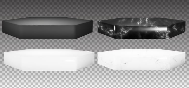 Hexagon marble podiums for jewelry gallery. Luxury pedestal design. Isolated stone stands in vector