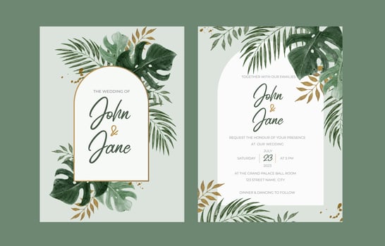 Wedding Invitation with Watercolor Tropical Leaves vector