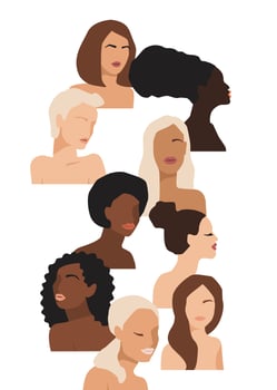 Isolated vector illustration of abstract women with different skin colors. Struggle for freedom, independence, equality. Concept for International Womens Day and other use