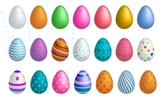 A large set of painted colored Christmas eggs in a realistic style for the Christian holiday of Easter. Vector illustration