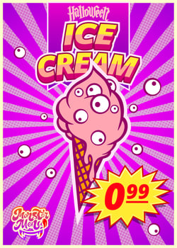 Monster menu with ice cream. A vertical banner with a price tag for a fast food cafe on Halloween day. Vector illustration.
