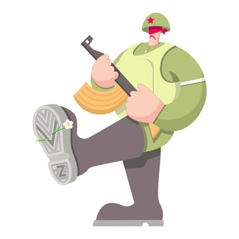 Aggressive walking soldier with a blindfold and a machine gun in his hands. For print and design. Vector illustration.