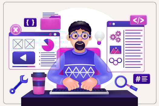 3d illustration of man doing coding and programming on his laptop vector