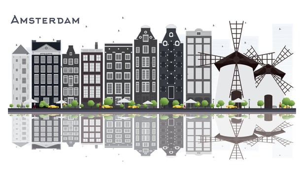 Amsterdam Holland City Skyline with Gray Buildings Isolated on White Background. vector