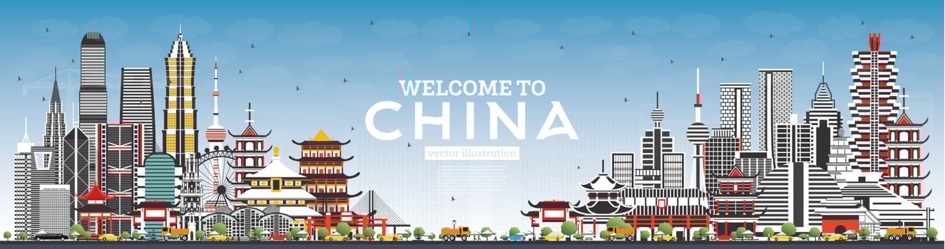 Welcome to China Skyline with Gray Buildings and Blue Sky. vector